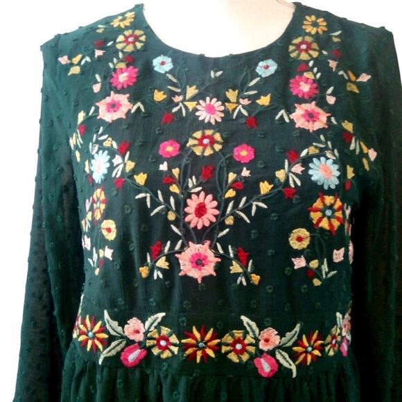 In Loom Embroidered Babydoll Top Size Small Green Swiss Dot Bohemian Fairy Chic - Picture 4 of 7